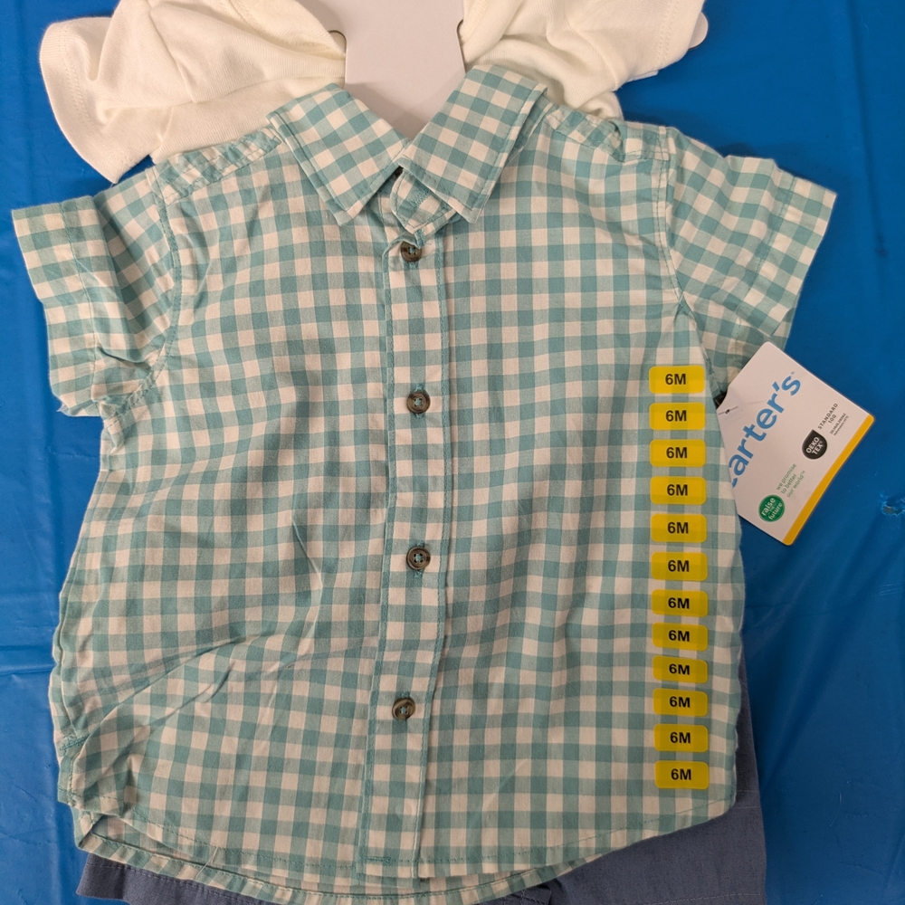 3pc Set Carter's Aqua Checkered Button Down Shirt With Shorts & Onesie 3pc Set